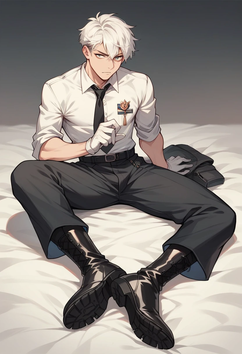 Masculine and slim young boy with white hair and short eyes wearing a black military suit with a white shirt inside and a black tie, on his hands there are white gloves, For his feet he wears black military boots., he doesn&#39;t have muscle, His appearance is 20 years old and he is 175 cm tall.