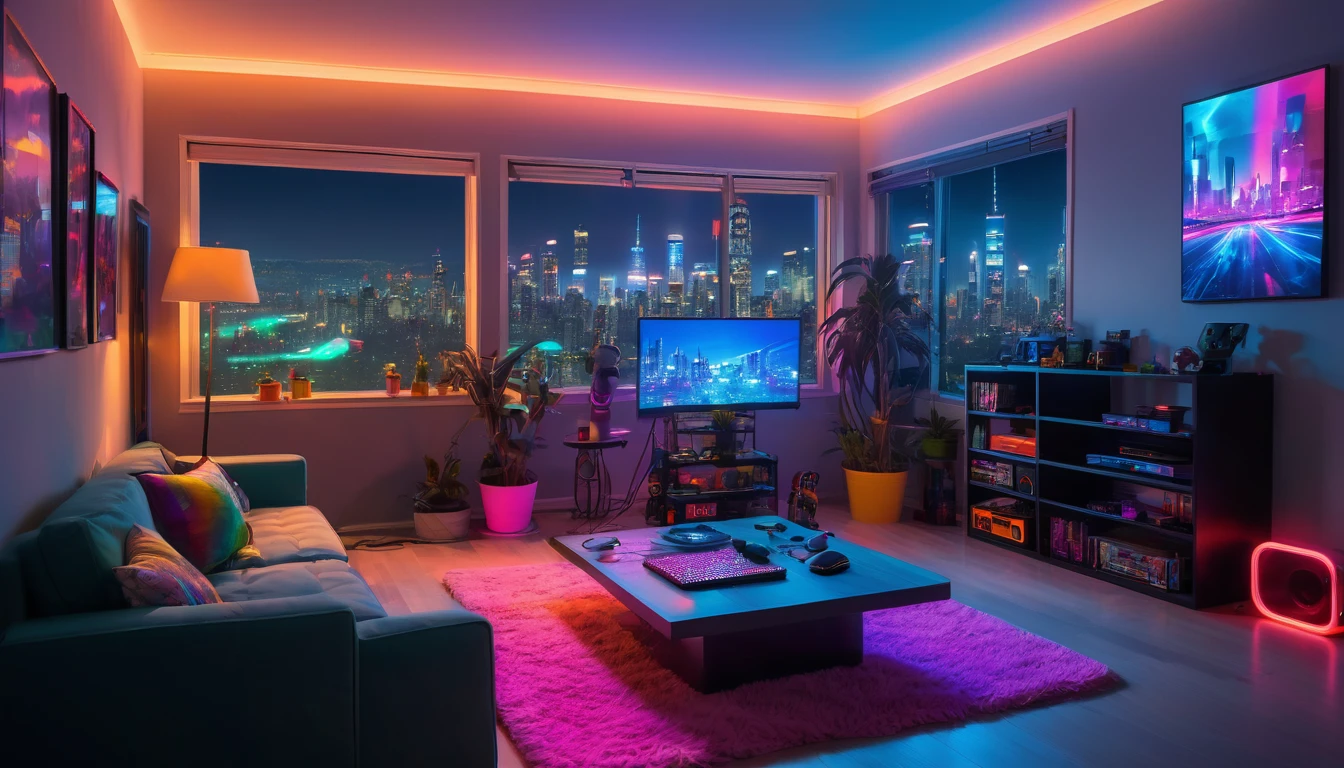 night time setting inside small apartment living room with big screen tv, neon lights games, action figures, view of city skyline, LED gaming mouse pad