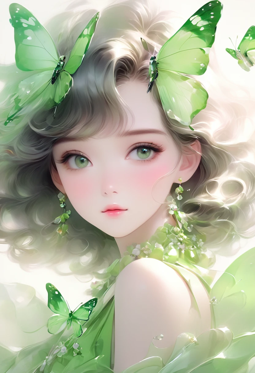 pretty girl,short hair,Delicate face,Half Body,Pure eyes,Butterfly,Long eyelashes,Green clothes model:Sweet Girl 4