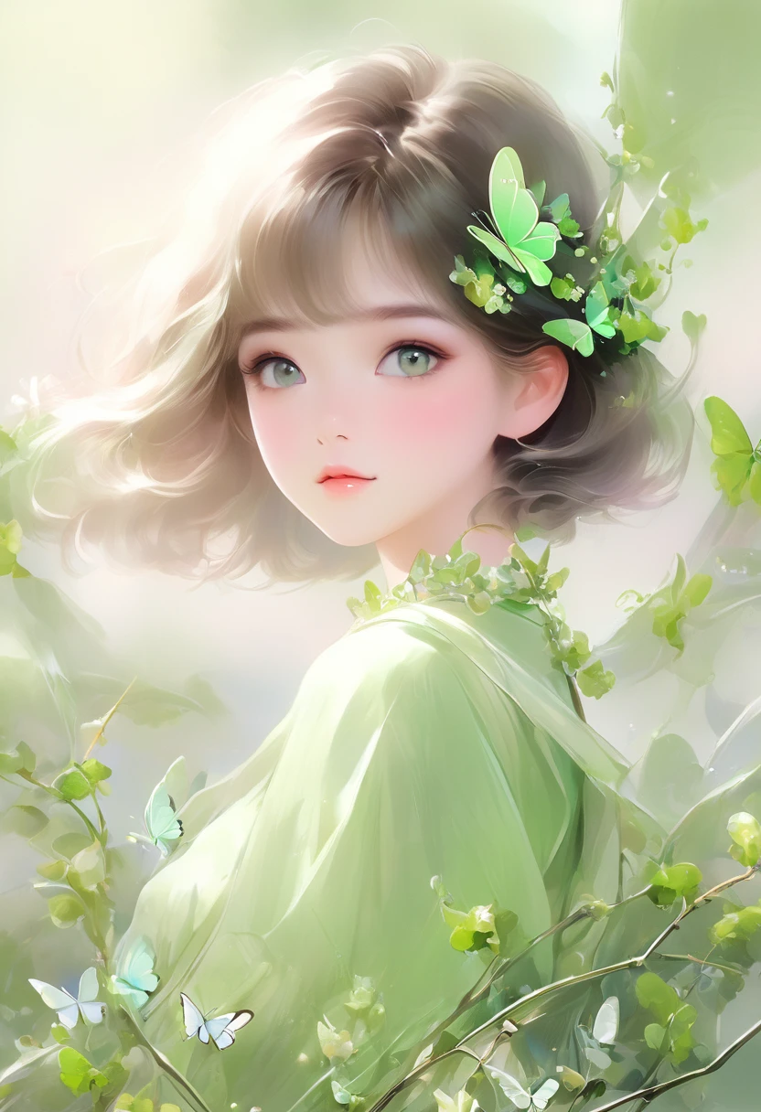 pretty girl,short hair,Delicate face,Half Body,Pure eyes,Butterfly,Long eyelashes,Green clothes model:Sweet Girl 4