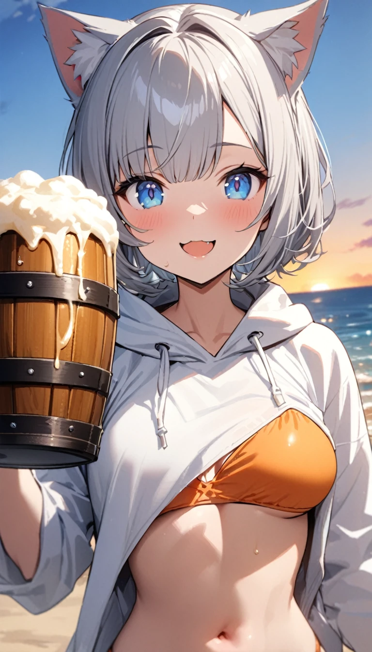 1girl、(((best quality)), ((masterpiece)), (details), masterpiece, best quality, high quality, ulutra detailed, perfect face, ((1girl, Blue eyes, cat ears: 1.3 silver bob hair: 2.5,))、Shiny Hair、Glowing Skin、Happy face、Lustful look、I can see your toned stomach、Sideboob、beach、Swimming in the sea、Orange Bikini、Wearing a white hoodie、Holding a beer mug、cheers、evening、