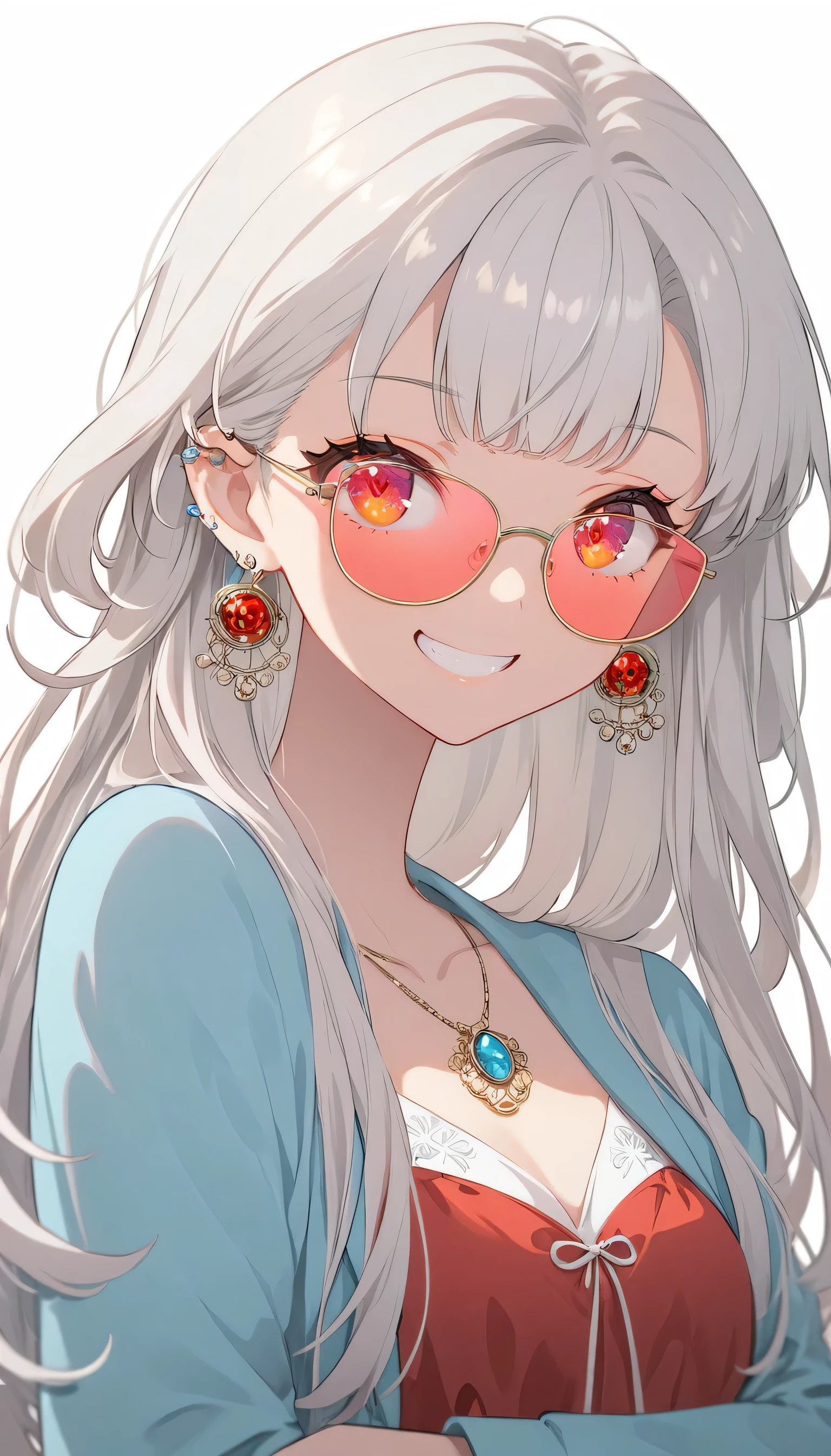 One girl, alone, Long Hair, View your viewers, smile, bangs, ((Blue Jacket)), Red pastel skirt、Red eyes,White hair in the eye、Beautiful eyes that shine、White boater hat with red ribbon、White Jewelry, Sitting, Jacket, Upper Body, Silver Hair、 earrings, Glasses, teeth, Grin, open Jacket, Earrings, sunGlasses, ring, ear Earrings,Colored Glasses, White Background、White background,Umaibo、Candy