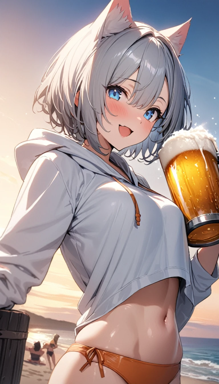 1girl、(((best quality)), ((masterpiece)), (details), masterpiece, best quality, high quality, ulutra detailed, perfect face, ((1girl, Blue eyes, cat ears: 1.3 silver bob hair: 2.5,))、Shiny Hair、Glowing Skin、Happy face、Lustful look、I can see your toned stomach、Sideboob、beach、Swimming in the sea、Orange Bikini、Wearing a white hoodie、Holding a beer mug、cheers、evening、