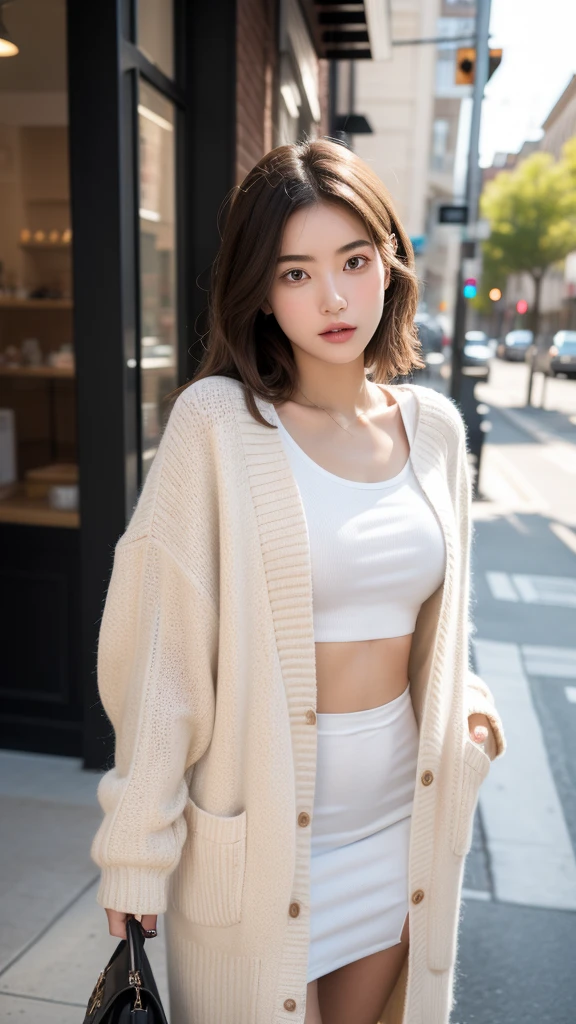((Girl wearing women's gray pants)), ((crop top white)), (Put your hands in your pants pockets), beautiful face, brown eyes, black hair, chapped lips, ((laugh:0.4)), ((looking at viewer)), body is in the center, ((medium chest:1.2)), NSFW, ((background white studio)), (luxurious hair), high bun hair, Nasty eyes, ((women with big butts)), (fore body), (beautiful eyes:1.5), beautiful mouth, beautiful mouth술,sexy model, full body shot