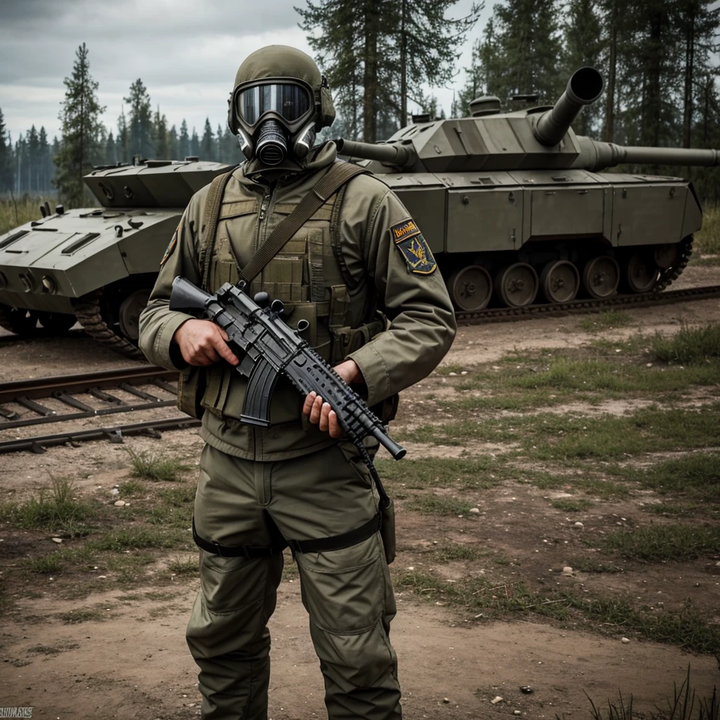 Draw me a logo of a character from the game S.T.A.L.K.E.R standing infront of Chernobyl holding a ak-74 with a GP-5 gas mask with russian vehicles behind him