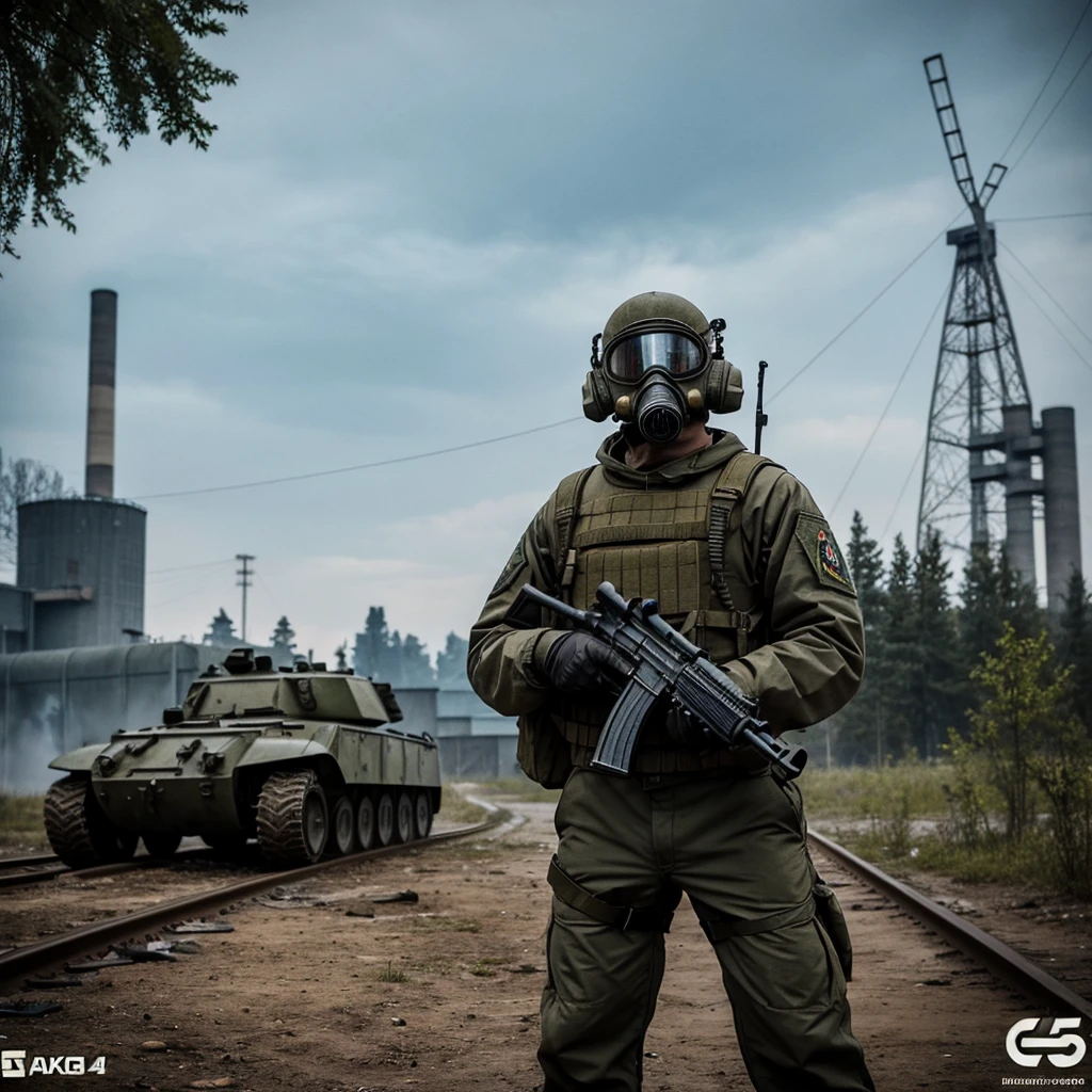 Draw me a logo of a character from the game S.T.A.L.K.E.R standing infront of Chernobyl holding a ak-74 with a GP-5 gas mask with russian vehicles behind him