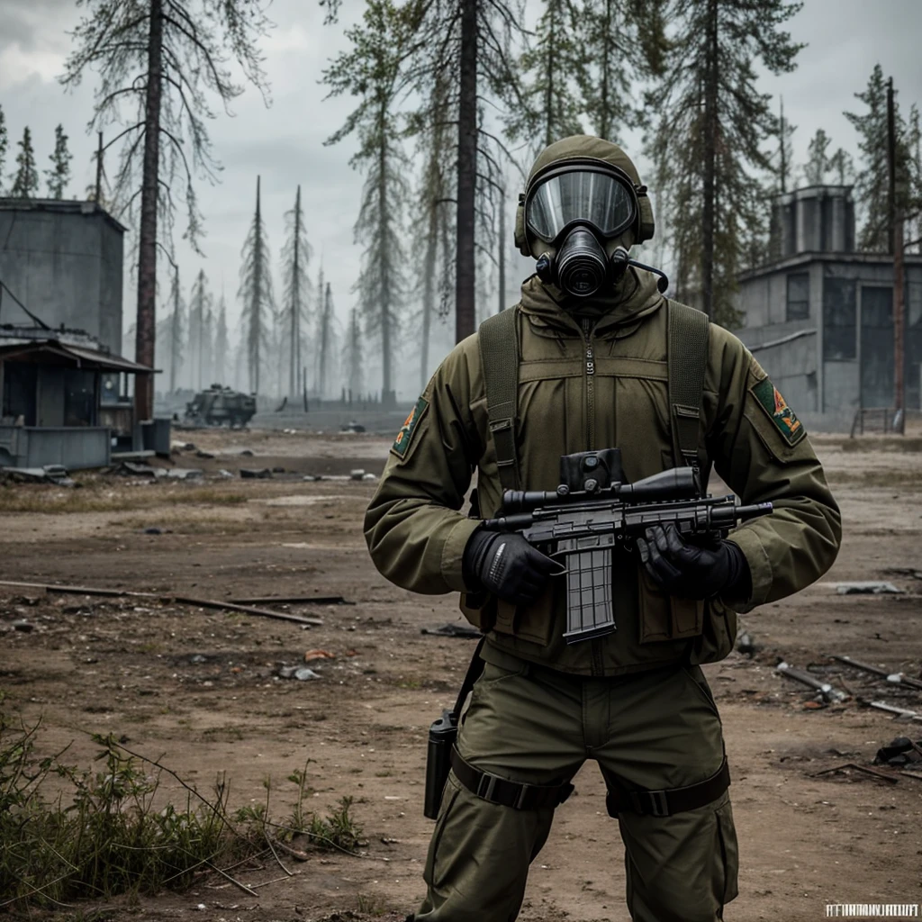 Draw me a logo of a character from the game S.T.A.L.K.E.R standing infront of Chernobyl holding a ak-74 with a GP-5 gas mask with russian vehicles behind him