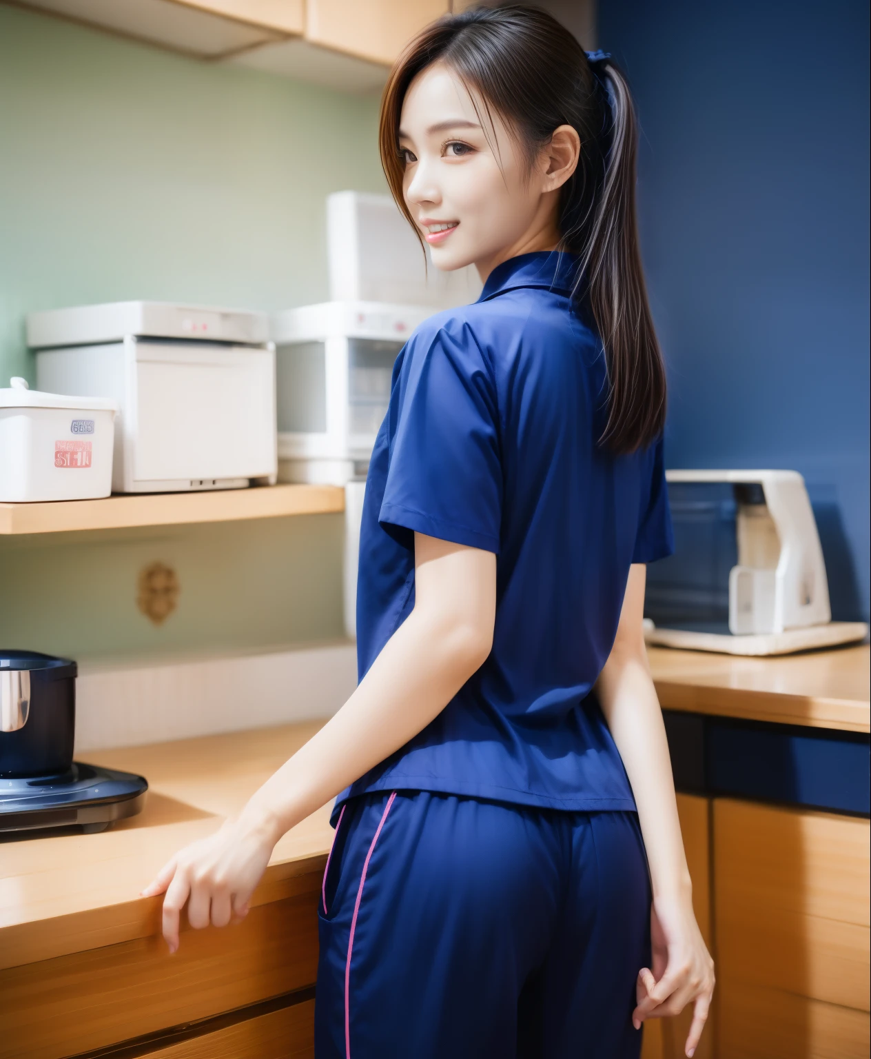 (best quality,10,10,height,Masterpiece:1.2),Special details,(realistic,ภาพrealistic,Realistic photos:1.37),1 Cute girl in the kitchen,shiny, ผิวshiny,only,smile softly,BDclothelue shirt:1.3)),short sleeve,shirt, กางเกงขาlong.,(navy_long_track pants:1.1), ((Kitchen Background)),Dynamic angle,excited,Face focus,dynamic poses,from behind,focus on ass,Masterpiece, best quality, ultra realistic, hyper detail, 8k resolution, raw photos, Sharp focus, ((Navy blue shirt:1.1)), short sleeve, เส้นทางlong, perfect body, 2 mature women, 18 years old, Cinema-grade lighting system,blue sweatpants,shirtผ้าออกกำลังกาย,correct anatomy,perfect body, correct body, Sharp face, correct bodyทางกายวิภาค, full body, realistic gestures, long-haired, realistic poses,Wear long shorts...........................,ช่วงขาlong,Good shape,carved girl, Slender figure, model, Good shape, beautiful body,blue sweatpants, two girls kissing