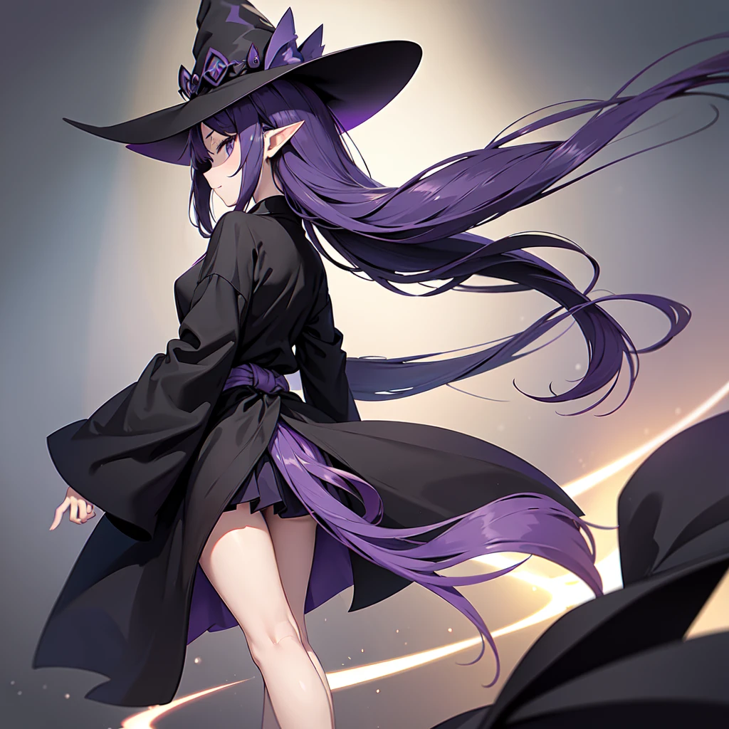 Anime girl with long purple hair and black robe. Witch hat. Pointy ears. Cute as a cartoon. Back view. Full body facing backwards. The whole body is visible. Skirt is short.