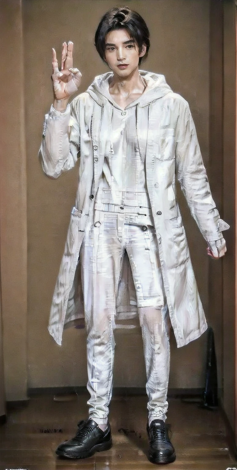 (OK Sign.:1.3),(photorealistic:1.2), (high detail face:1.3), (high detail hands:1.3), (anatomically correct hands:1.2), handsome young asian man, Japanese idol style, short clean-cut hair, ((center part)), (crisp white lab coat:1.3), ((black hoodie underneath:1.2)), (black pants:1.2), (black shoes:1.2), (enthusiastic expression:1.3), ((explain pose:1.4)), (both arms raised:1.3), (clenched fists:1.3), (energetic stance:1.2), plain white background, mid-shot portrait, full body view, high quality, detailed, 8K, (realistic skin texture:1.2), (sharp focus:1.1), (contrast between white coat and black clothing:1.2)