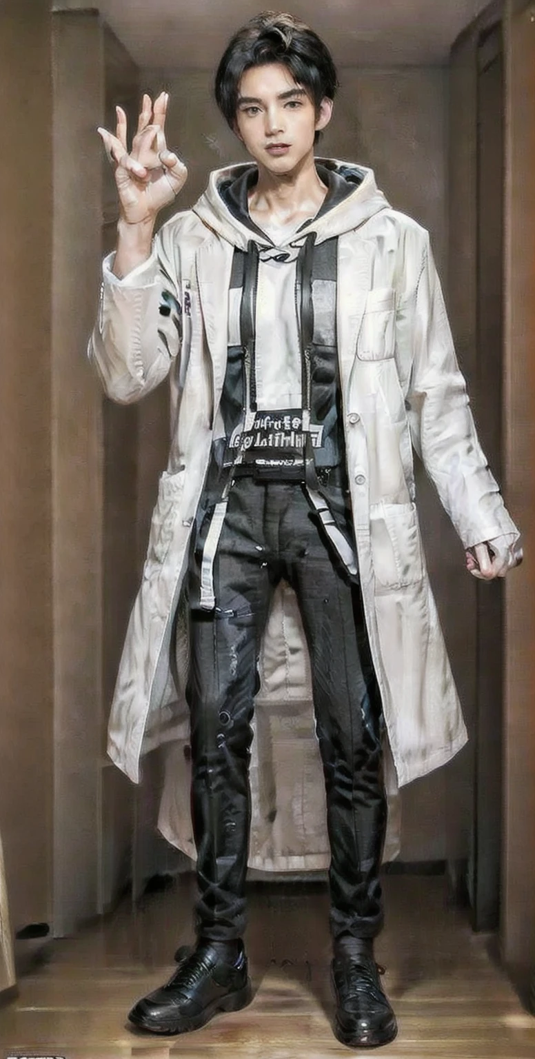 (OK Sign.:1.3),(photorealistic:1.2), (high detail face:1.3), (high detail hands:1.3), (anatomically correct hands:1.2), handsome young asian man, Japanese idol style, short clean-cut hair, ((center part)), (crisp white lab coat:1.3), ((black hoodie underneath:1.2)), (black pants:1.2), (black shoes:1.2), (enthusiastic expression:1.3), ((explain pose:1.4)), (both arms raised:1.3), (clenched fists:1.3), (energetic stance:1.2), plain white background, mid-shot portrait, full body view, high quality, detailed, 8K, (realistic skin texture:1.2), (sharp focus:1.1), (contrast between white coat and black clothing:1.2)