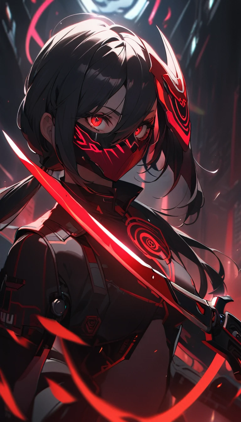 In the image, there is an anime character set against a dark background with red glowing particles. The character has striking red eyes that glow with intensity. They are wearing a mask that is red on the upper part and black on the lower part. Their hair is black with red highlights, parted into two sections with some strands falling over their face, and they have two metallic spikes as hair accessories on the right side. The character is dressed in traditional Japanese warrior attire, predominantly black and red with blue and white accents. There is a blue tie on the upper part of their right arm, and the outfit features intricate patterns. They are holding a sword in their right hand, which is black with red highlights, and it appears to be drawn from its scabbard. With their left hand, they are making a gesture with two fingers extended. The overall appearance of the character exudes a sense of power and mystique.