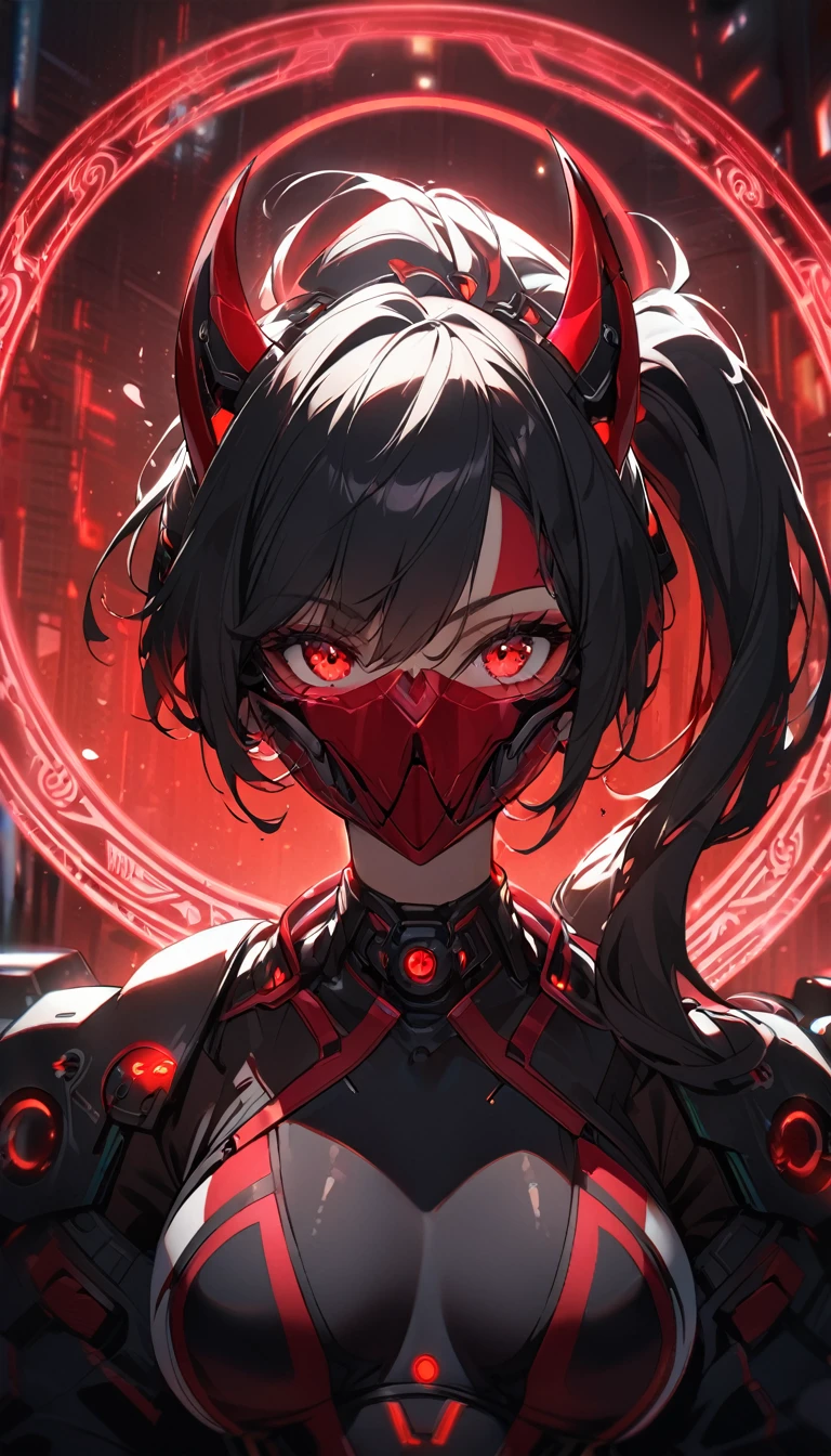A woman,matured, perfect anatomy,wearing a full face cyberpunk mask,long pony tail hair(black hair),red aura,red magic circle,long demon blade with eyes on it,closeup, cinematic lighting,