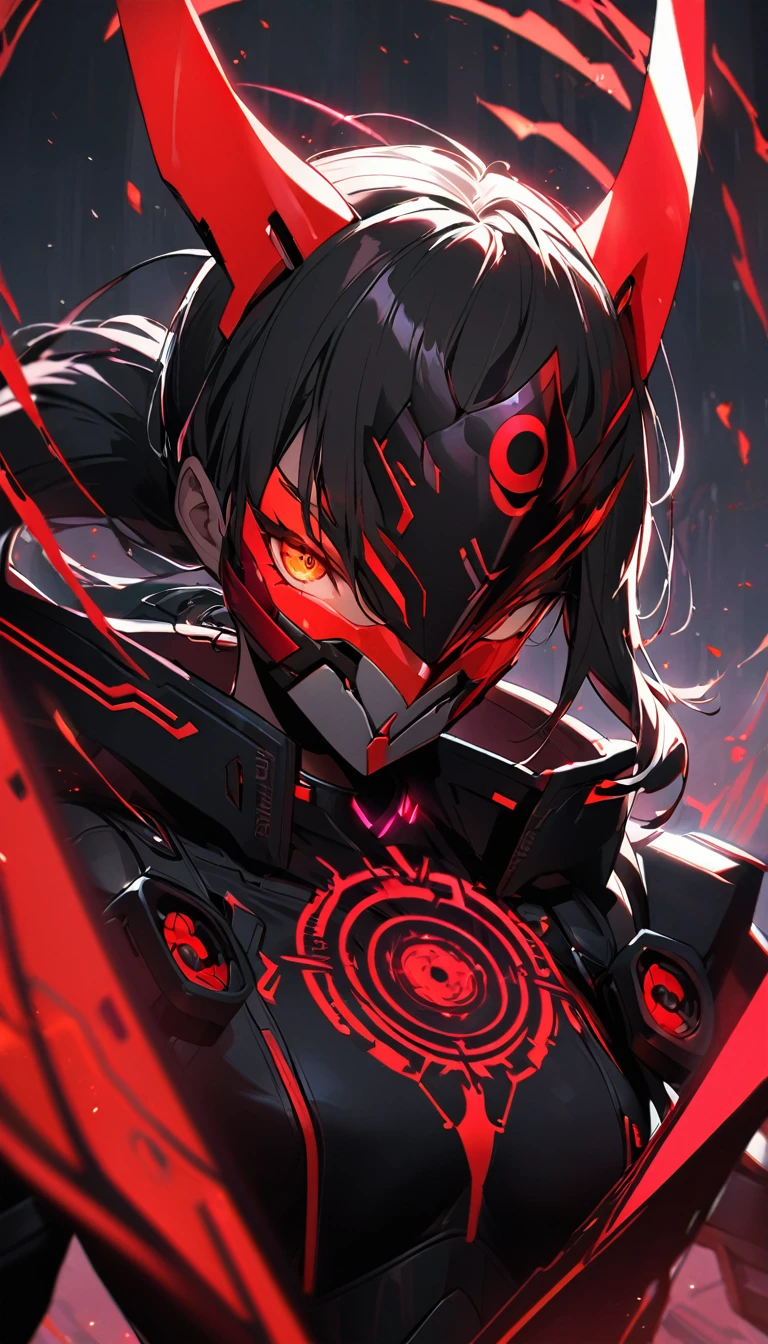 A woman,matured, perfect anatomy,wearing a full face cyberpunk mask,long pony tail hair(black hair),red aura,red magic circle,long demon blade with eyes on it,closeup, cinematic lighting,