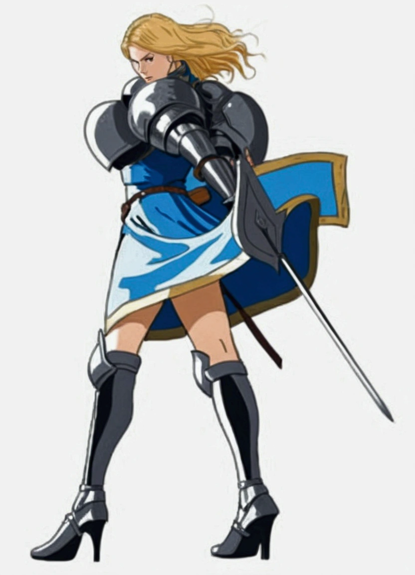 Close-up view of a blonde woman holding a sword on the battlefield, blue dress with belt and armor