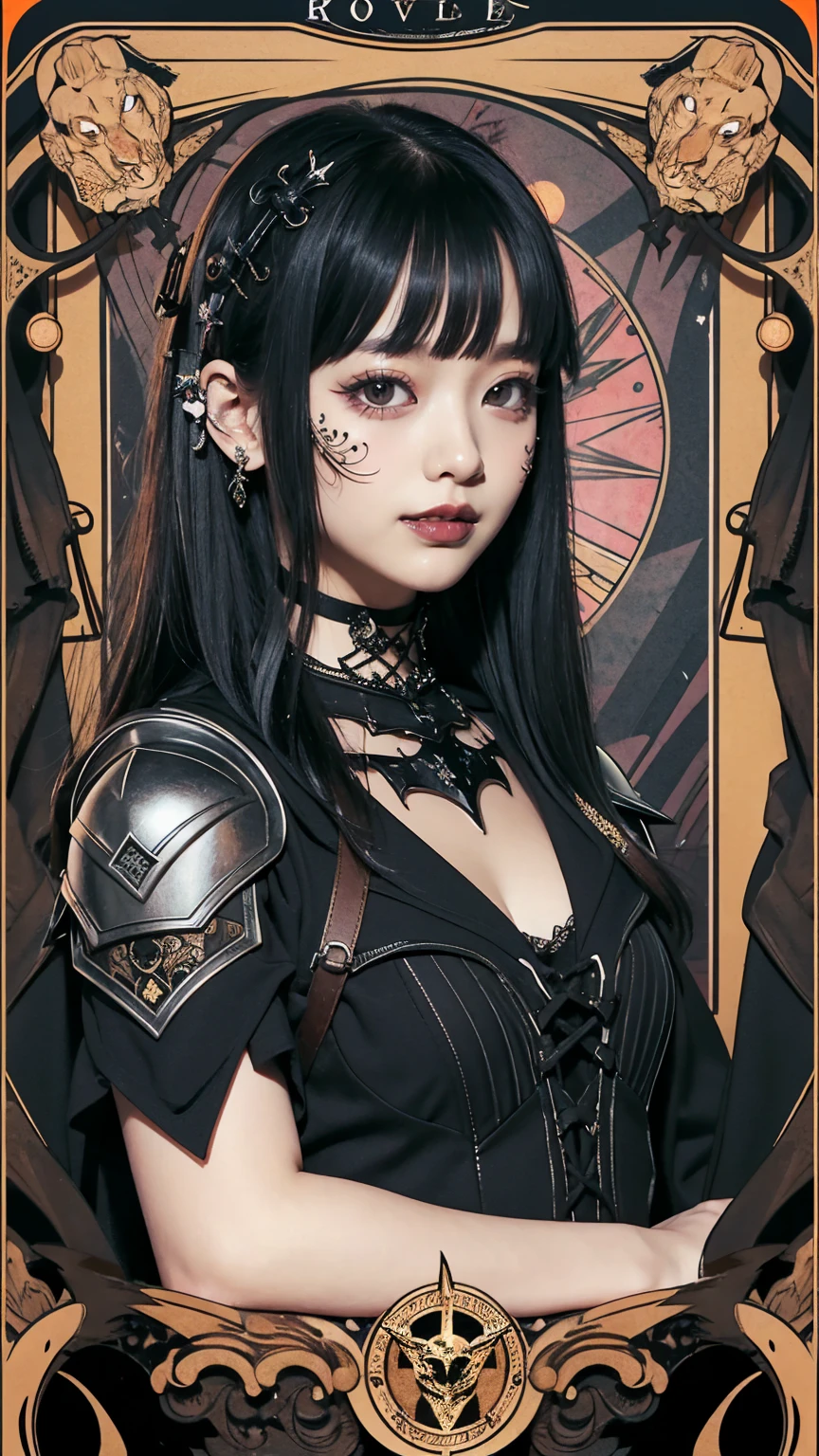 Realistic、A delicate and detailed masterpiece、Highest quality、Highest quality、(Tarot card style:1.3)、Purple Rose Background、One Woman、Upper body photo、(Dark Knight、Dress Armor:1.3)、(Gothic punk outfit:1.3)、(Black Hair、Hime cut, Long Hair:1.2)、Natural Makeup、Eyelash extensions、Draw eyelashes sharply、Thin eyebrows、Deep orange blush、Grin, Showing teeth、Slightly red cheeks、16 year old female