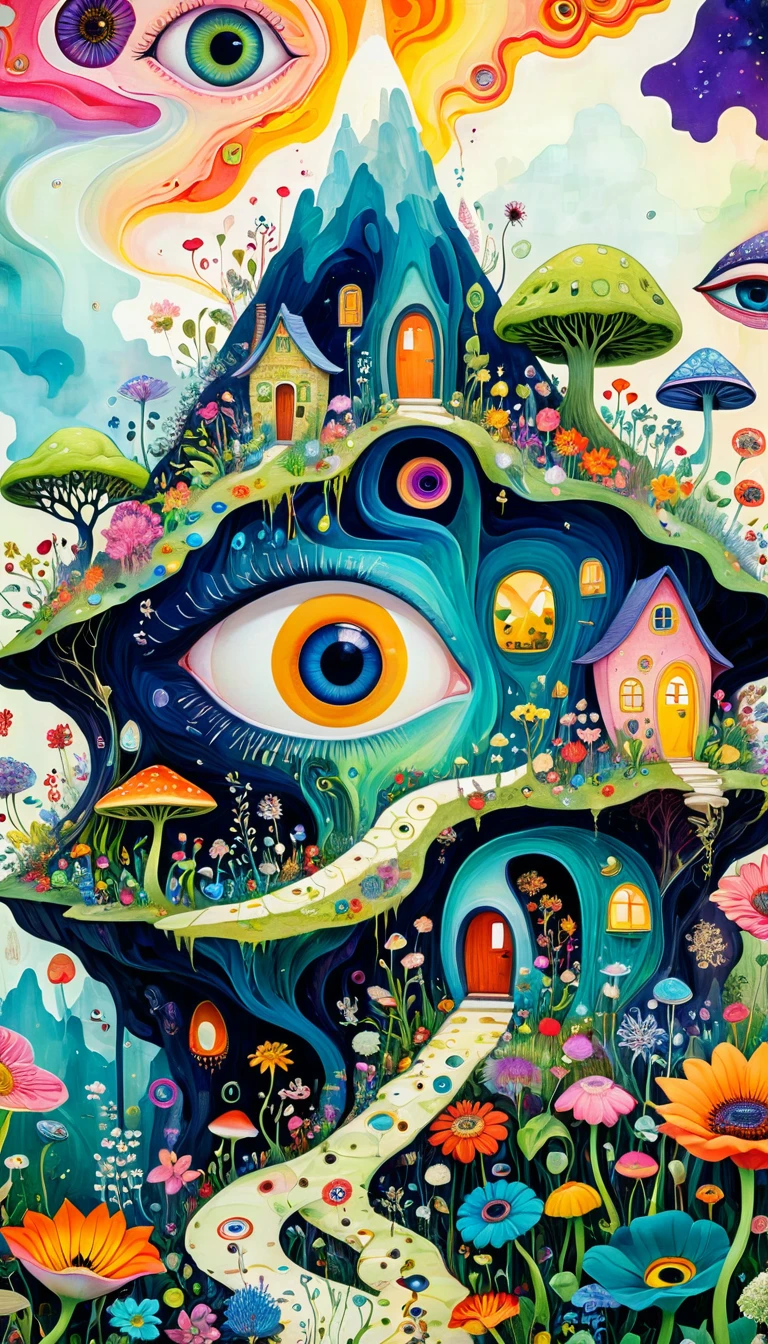 Intense visual fusion of various elements，broto，microorganism、plantar、Houses in the shape of flowers、Eye、wild animal life，Stitching an abstract painting，Describing the inner world of autistic people，Sense of space，blank space，interesting，innocence，psychedelic art，Elegant and soft color scheme