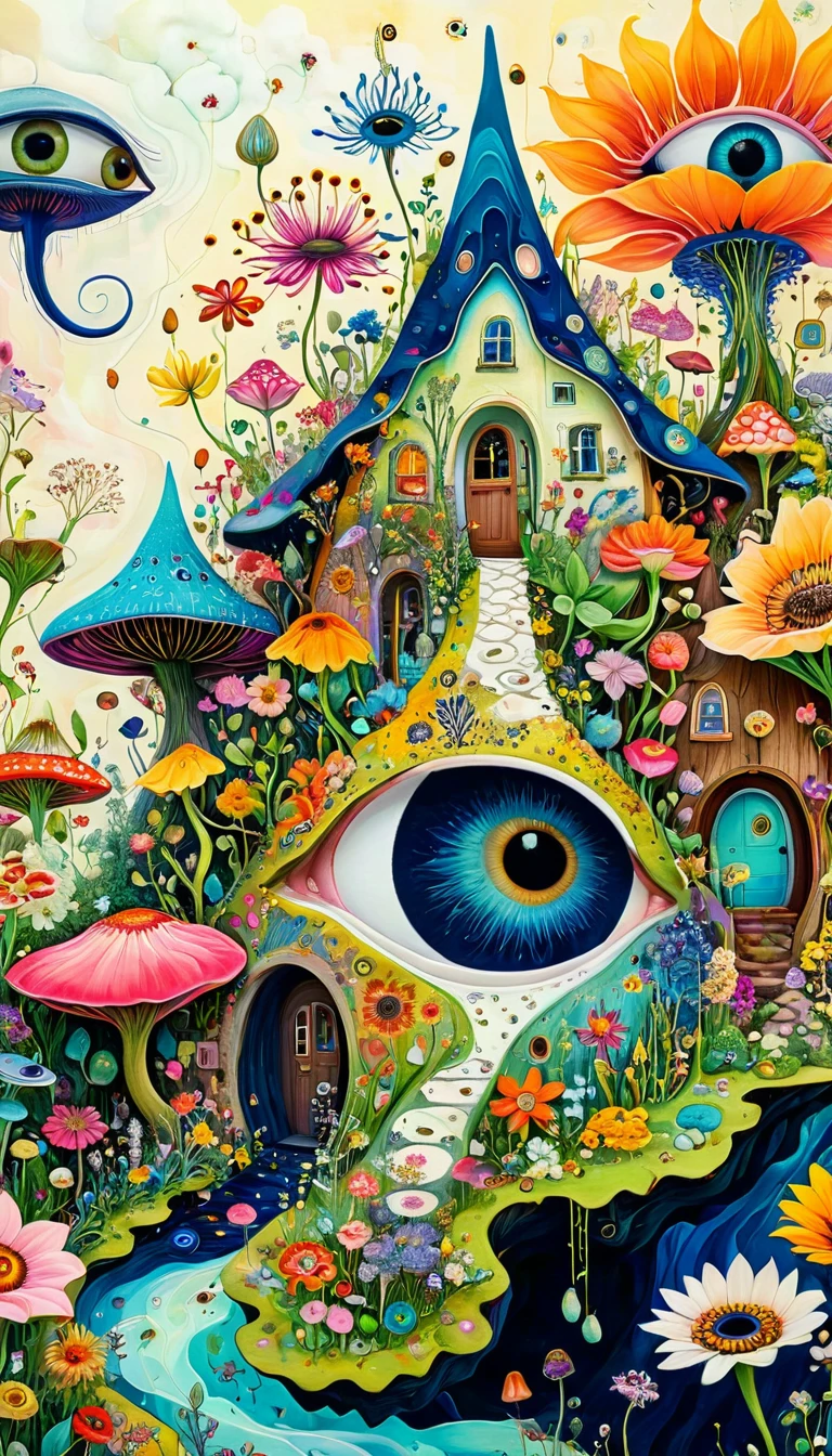 Intense visual fusion of various elements，broto，microorganism、plantar、Houses in the shape of flowers、Eye、wild animal life，Stitching an abstract painting，Describing the inner world of autistic people，Sense of space，blank space，interesting，innocence，psychedelic art，Elegant and soft color scheme