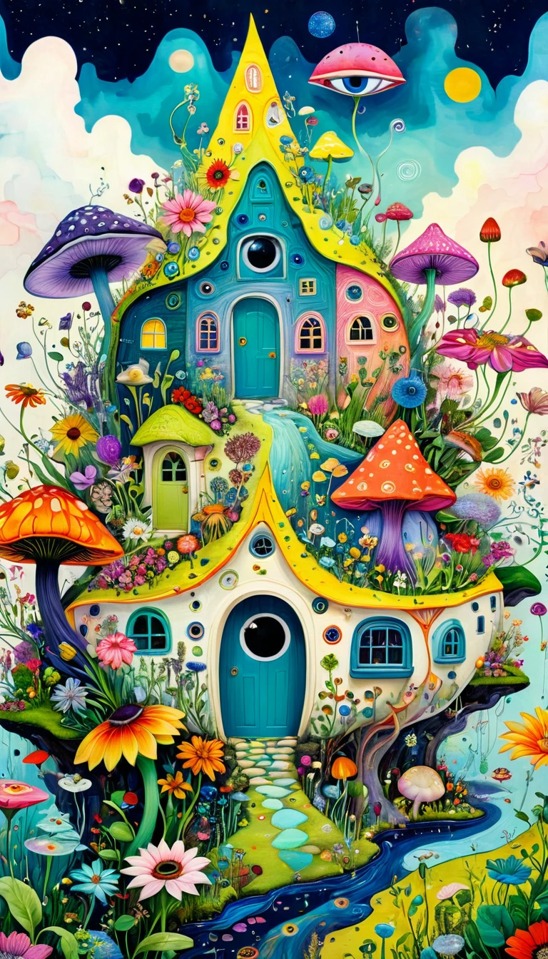 Intense visual fusion of various elements,broto,microorganism、plantar、Houses in the shape of flowers、Eye、wild animal life,Stitching an abstract painting,Describing the inner world of autistic people,Sense of space,blank space,interesting,innocence,psychedelic art,Elegant and soft color scheme