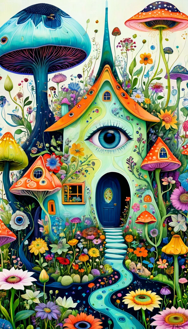 Intense visual fusion of various elements，broto，microorganism、plantar、Houses in the shape of flowers、Eye、wild animal life，Stitching an abstract painting，Describing the inner world of autistic people，Sense of space，blank space，interesting，innocence，psychedelic art，Elegant and soft color scheme