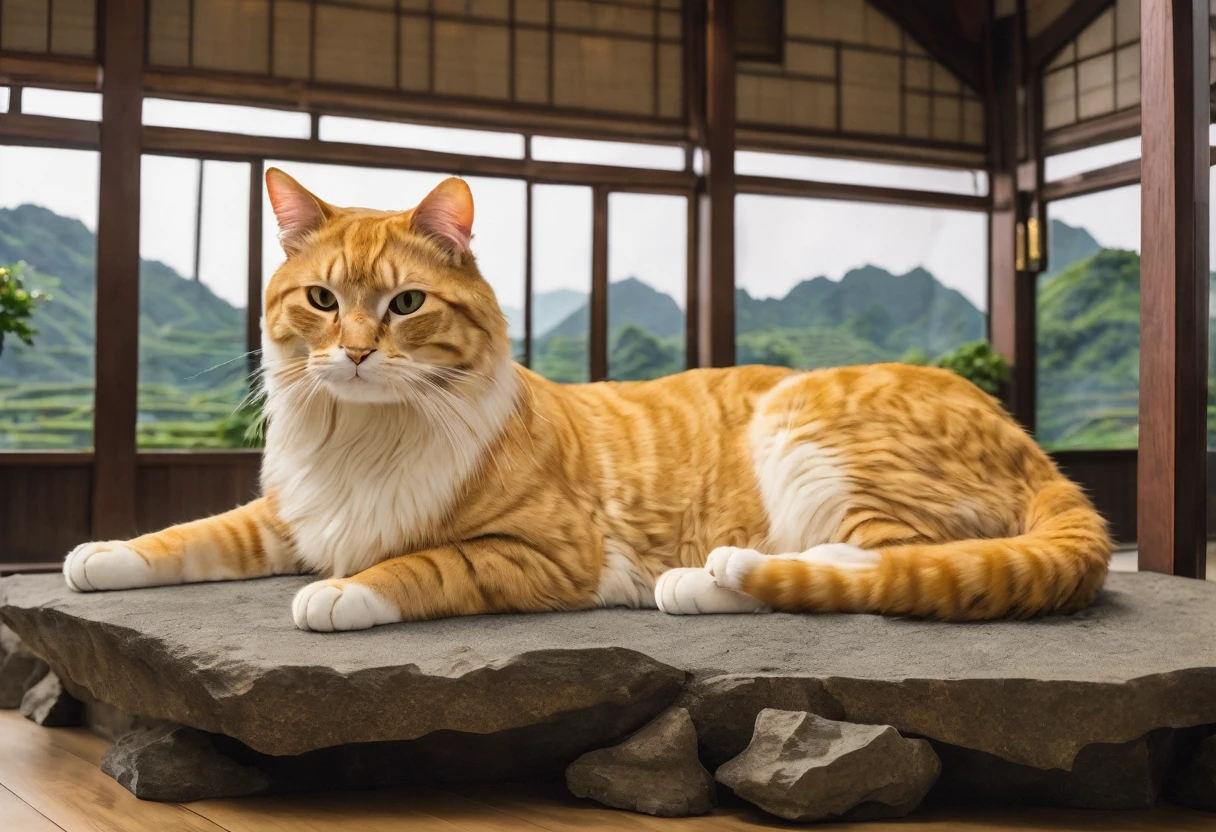 (Giant looking cat), A composition of a giant cat lying down in a diorama。The cat is relaxed、The surrounding diorama looks like a cat's bed.。Warm light and soft colors、Creates a calm and soothing atmosphere。