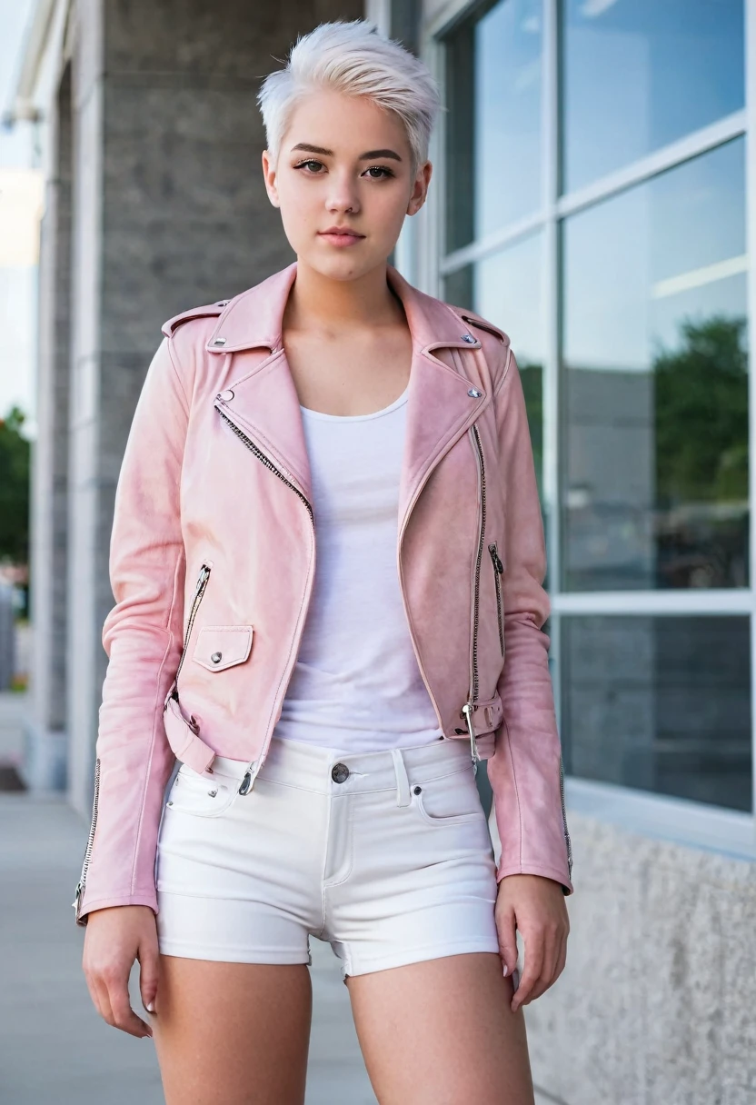 ((Beautiful)), young white teen, short white hair, brown eyes, wearing pink leather jacket over a white tank top, wearing short white shorts, wearing white thigh high boots, standing outside a concrete office