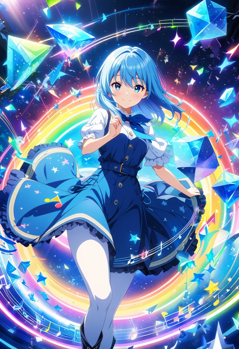 Anime style, ultra-detailed, 8K CG, blue-haired girl, smile, blue world, mysterious blue objects floating, star, musical note, rainbow