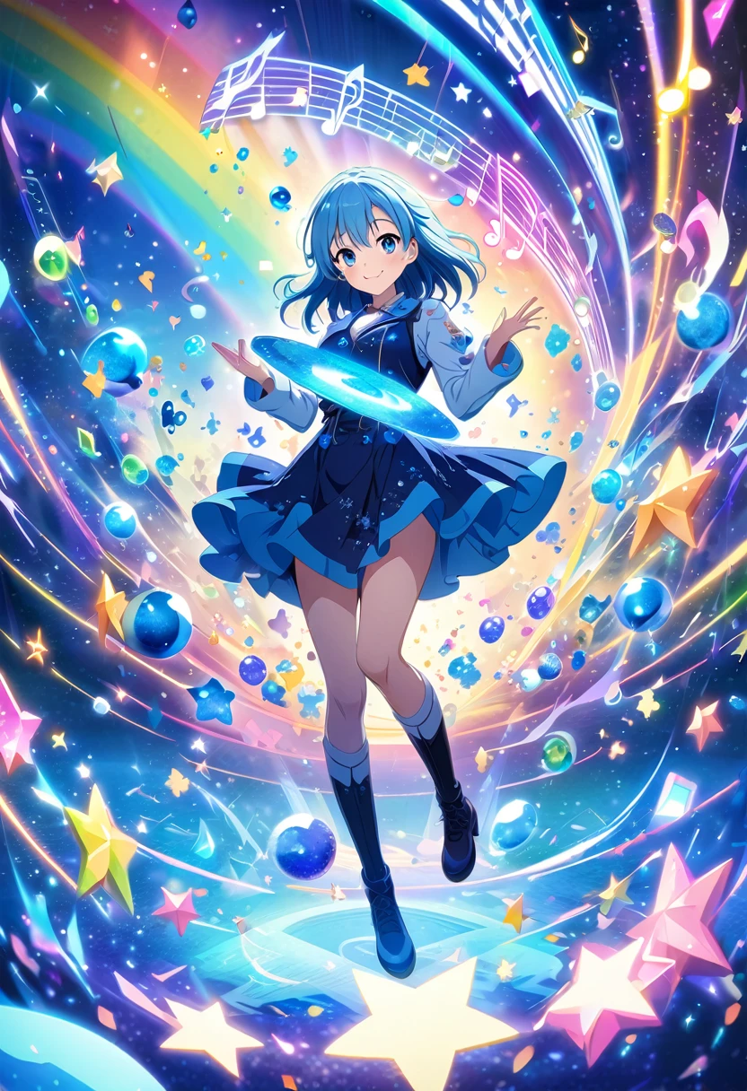 Anime style, ultra-detailed, 8K CG, blue-haired girl, smile, blue world, mysterious blue objects floating, star, musical note, rainbow