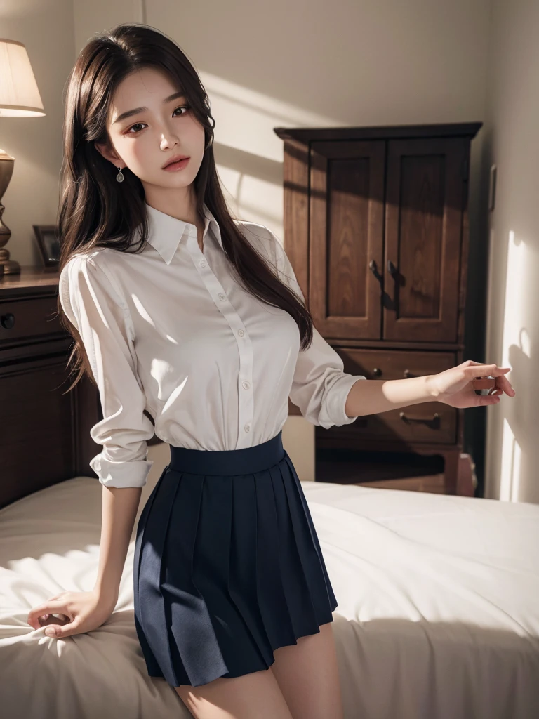 absurdres, RAW photo, extremely delicate and beautiful, masterpiece, Best Quality, ultra high resolution, 32k, hyperrealistic, ultra-detailed, perfect anatomy, super Detailed skin, perfect figure, Super Beauty, Perfect Style, Perfect balance, Beautiful Lighting, Perfect Lightning, Realistic Shadows, 20 years old, very Slim body, narrow waist, very small head, very small face, delicate facial features, handsome detailed woman, very detailed eyes and face, realistic face proportions, Realistic beautiful face, Realistic beautiful eyes, tearful mole, earring, very huge round breasts, legs, medium hair, asymmetrical hair, whole body shot, indoor, school_uniform, short skirt,