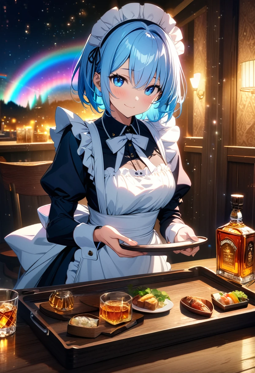 (wallpaper 8k CG), (masterpiece:1.4), (best quality), anime style, drawn, (maid), ((blue maid costume)), (((pale blue hair))), (blue eyes)(smile), (whisky, on a tray)), ((food, on the table)), ((Inside a Western restaurant)), (insanely detailed), (gold light effects:1.5), (looking at viewer:1.2), (rainbow aurora night sky,effects:1.3), (luminous particles:1.5),