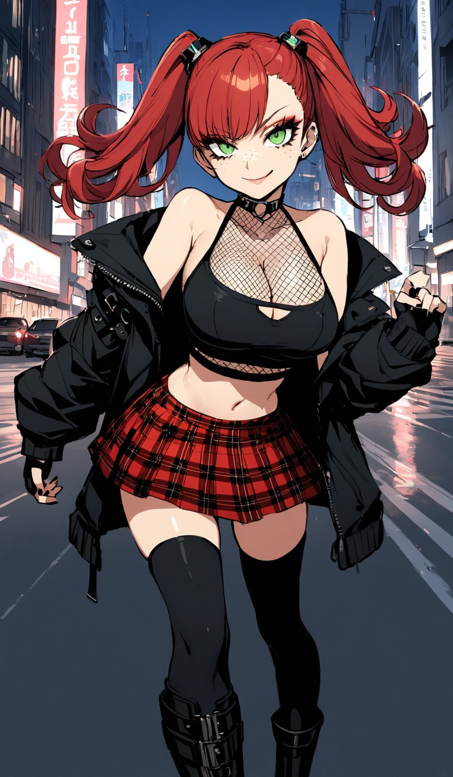woman, smirk, curly red hair in pig tails, green eyes, eye shadow, wearing crop top black shirt, long black jacket, red plaid skirt, (black knee high boots), black finger-less gloves, exposed shoulders, large breasts, freckles, cleavage, fishnet undershirt, looking at viewer, Holo-Punk Style, in the city