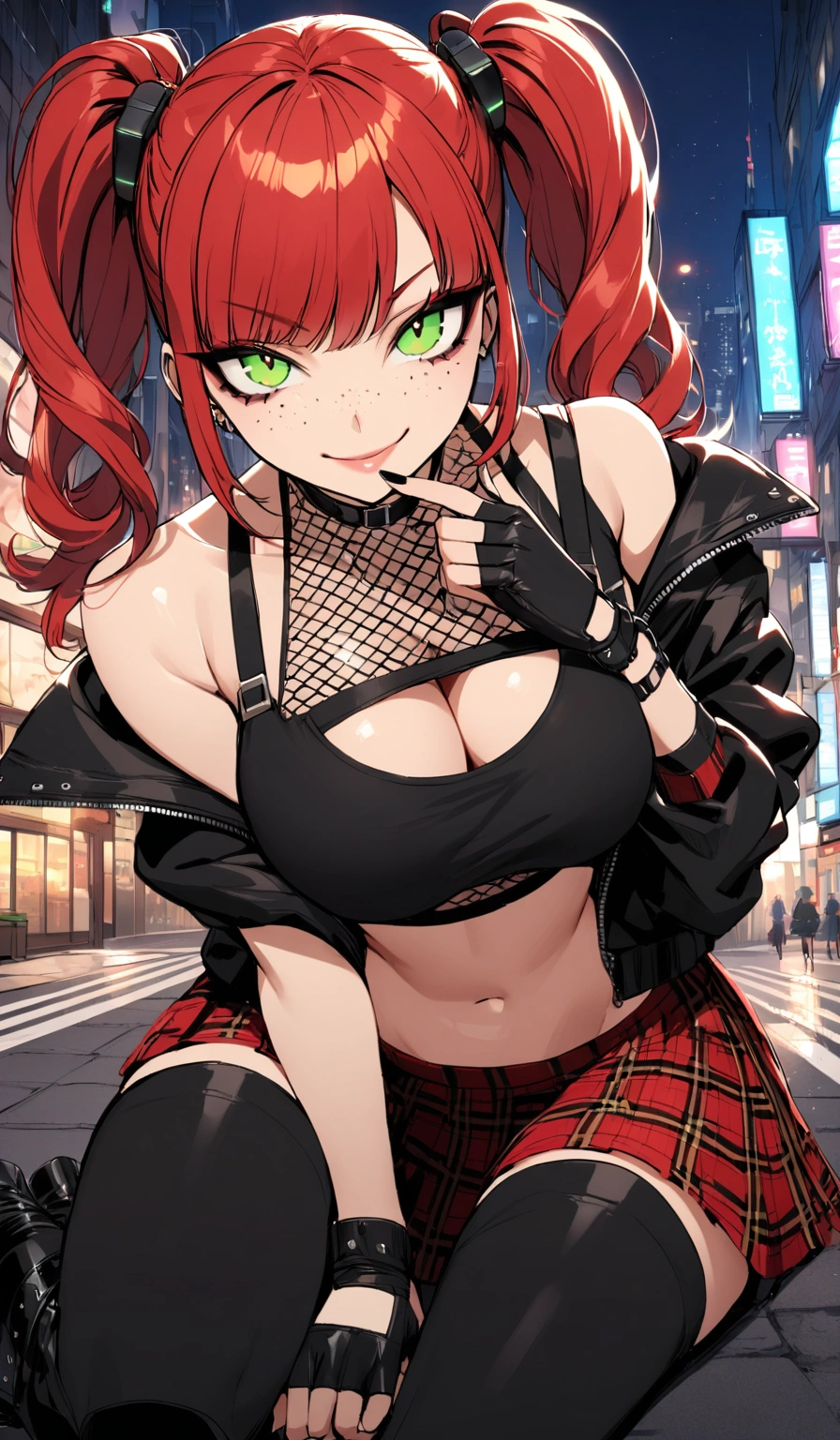 woman, smirk, curly red hair in pig tails, green eyes, eye shadow, wearing crop top black shirt, long black jacket, red plaid skirt, (black knee high boots), black finger-less gloves, exposed shoulders, large breasts, freckles, cleavage, fishnet undershirt, looking at viewer, Holo-Punk Style, in the city