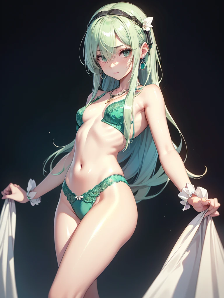 Highest quality,High resolution,HDR, 8k hd,The finer details, ((Exact number of legs,Exact number of arms, Perfect hands,Perfect legs)),Absurd, Bright colors, extremely beautiful detailed anime face,Look straight ahead, (Beautiful breasts,Mid-chest), Gazing at the audience,Feet outside the frame,(Cowboy Shot:1.3), White skin, hair accessory,Earrings, Earrings, necklace, Alone, (20 year old girl:1.5), (Shiny long straight hair:1.4),((Light green hair)),Asymmetrical bangs,Shiny Hair,(Small eyes:1.5),Very beautiful detailed eyes,Delicate and beautiful features,(Sulky look:1.3),(Simple underwear)