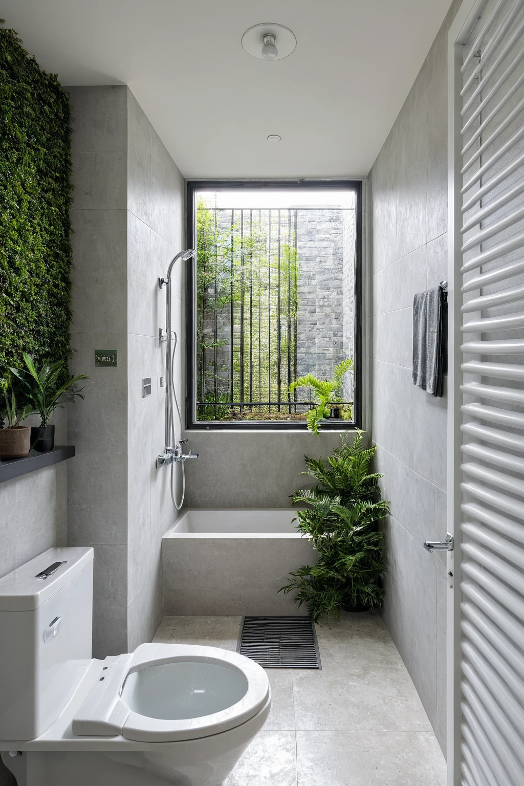 Masterpiece, high quality, best quality, realistic, super detailed, outdoor, toilet, modern style, white wall, plants, sky, equipment, (daylight: 1.1 )
