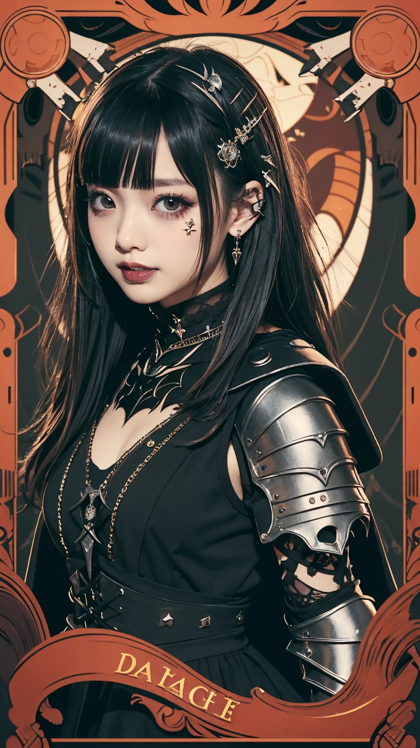 Realistic、A delicate and detailed masterpiece、Highest quality、Highest quality、(Tarot card style:1.3)、Purple Rose Background、One Woman、Upper body photo、(Dark Knight、Dress Armor:1.3)、(Gothic punk outfit:1.3)、(Black Hair、Hime cut, Long Hair:1.2)、Natural Makeup、Eyelash extensions、Draw eyelashes sharply、Thin eyebrows、Deep orange blush、Grin, Showing teeth、Slightly red cheeks、16 year old female