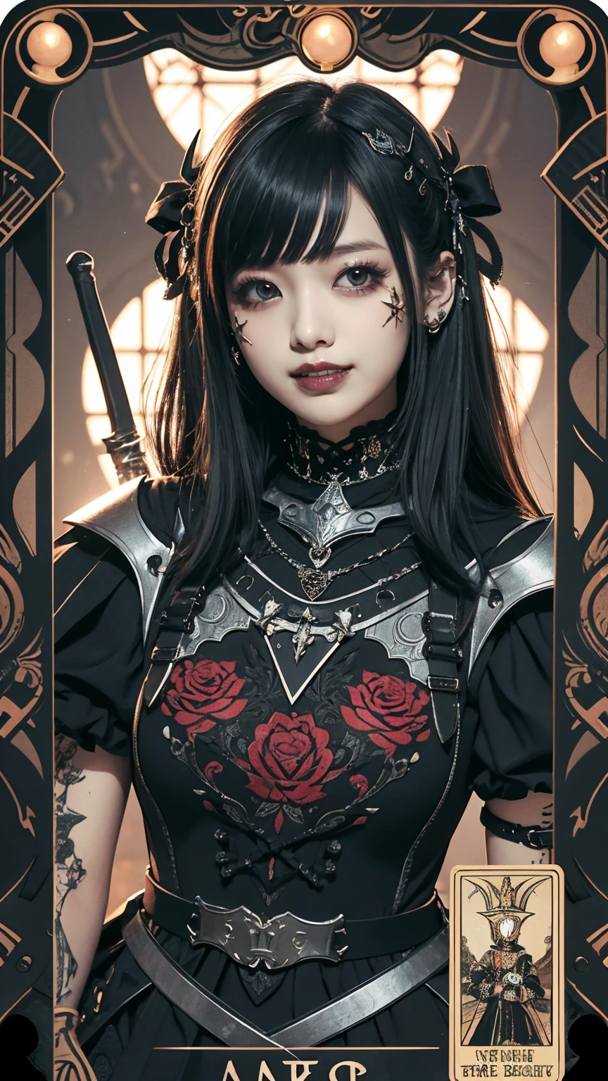 Realistic、A delicate and detailed masterpiece、Highest quality、Highest quality、(Tarot card style:1.3)、Purple Rose Background、One Woman、Upper body photo、(Death-giver、Dark Knight、Dress Armor:1.3)、(Gothic punk outfit:1.3)、(Black Hair、Hime cut, Short Hair:1.2)、Natural Makeup、Eyelash extensions、Draw eyelashes sharply、Thin eyebrows、Deep orange blush、Grin, Showing teeth、Slightly red cheeks、16 year old female
