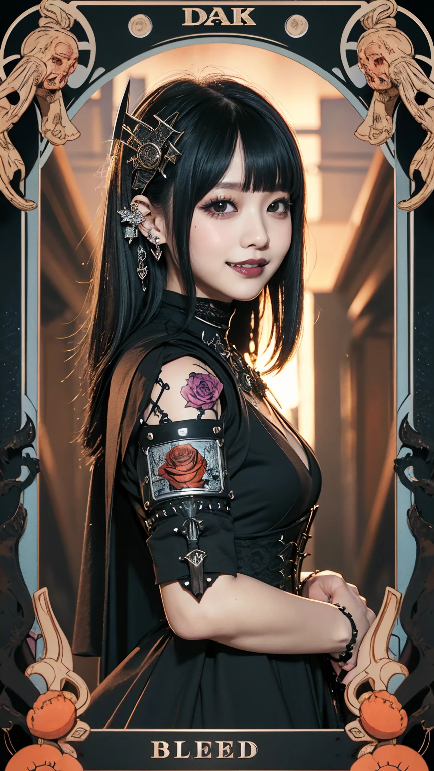 Realistic、A delicate and detailed masterpiece、Highest quality、Highest quality、(Tarot card style:1.3)、Purple Rose Background、One Woman、Upper body photo、(Dark Knight、Dress Armor:1.3)、(Gothic punk outfit:1.3)、(Black Hair、Hime cut, Long Hair:1.2)、Natural Makeup、Eyelash extensions、Draw eyelashes sharply、Thin eyebrows、Deep orange blush、Grin, Showing teeth、Slightly red cheeks、16 year old female