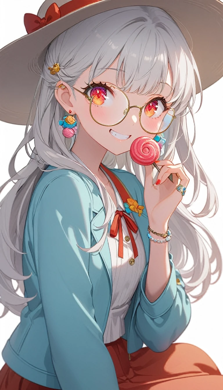 One girl, alone, Long Hair, View your viewers, smile, bangs, ((Blue Jacket)), Red pastel skirt、Red eyes,White hair in the eye、Beautiful eyes that shine、((White boater hat with red ribbon))、White Jewelry, Sitting, Jacket, Upper Body, Silver Hair、 earrings, Glasses, teeth, Grin, open Jacket, Earrings, ring, ear Earrings,Colored Glasses, White Background、White background,Umaibo、Candy、Eat sweets