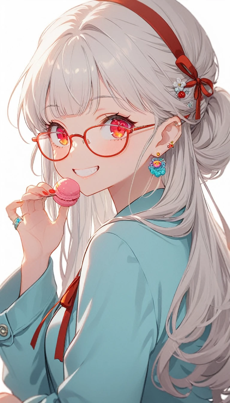 One girl, alone, Long Hair, View your viewers, smile, bangs, ((Blue Jacket)), Red pastel skirt、Red eyes,White hair in the eye、Beautiful eyes that shine、((White boater hat with red ribbon))、White Jewelry, Sitting, Jacket, Upper Body, Silver Hair、 earrings, Glasses, teeth, Grin, open Jacket, Earrings, ring, ear Earrings,Colored Glasses, White Background、White background,Umaibo、Candy、Eat sweets