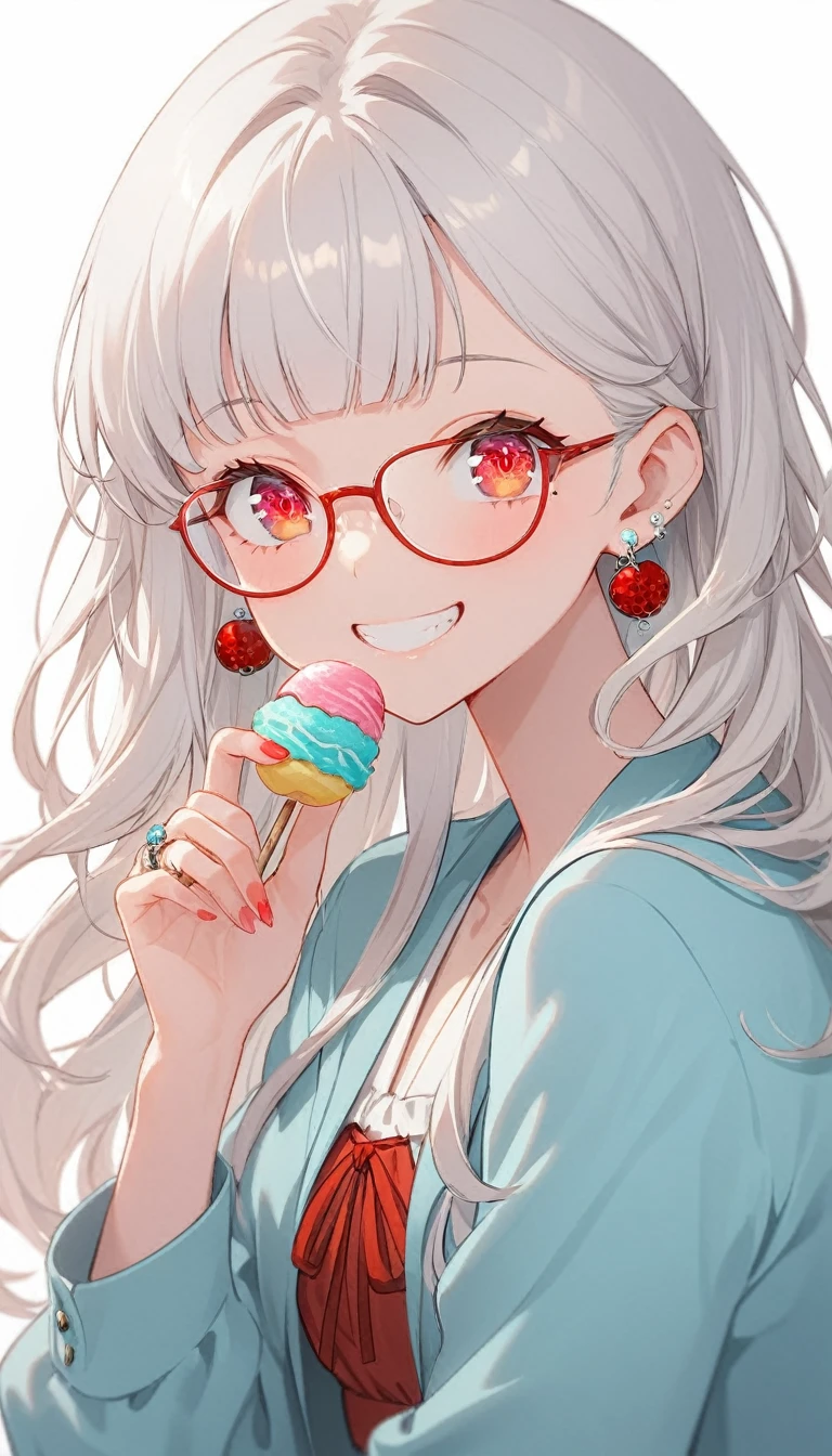 One girl, alone, Long Hair, View your viewers, smile, bangs, ((Blue Jacket)), Red pastel skirt、Red eyes,White hair in the eye、Beautiful eyes that shine、((White boater hat with red ribbon))、White Jewelry, Sitting, Jacket, Upper Body, Silver Hair、 earrings, Glasses, teeth, Grin, open Jacket, Earrings, ring, ear Earrings,Colored Glasses, White Background、White background,Umaibo、Candy、Eat sweets