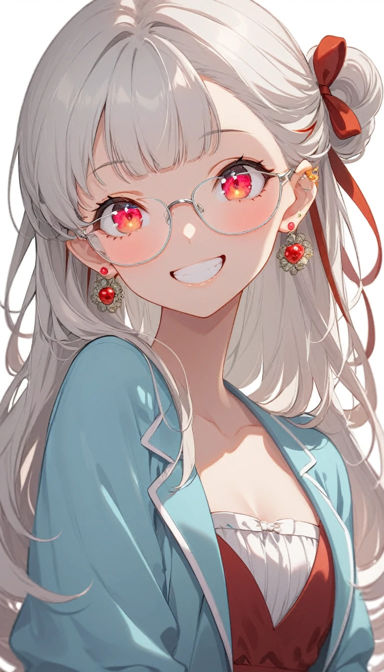One girl, alone, Long Hair, View your viewers, smile, bangs, ((Blue Jacket)), Red pastel skirt、Red eyes,White hair in the eye、Beautiful eyes that shine、((White boater hat with red ribbon))、White Jewelry, Sitting, Jacket, Upper Body, Silver Hair、 earrings, Glasses, teeth, Grin, open Jacket, Earrings, ring, ear Earrings,Colored Glasses, White Background、White background,Umaibo、Candy、Eat sweets
