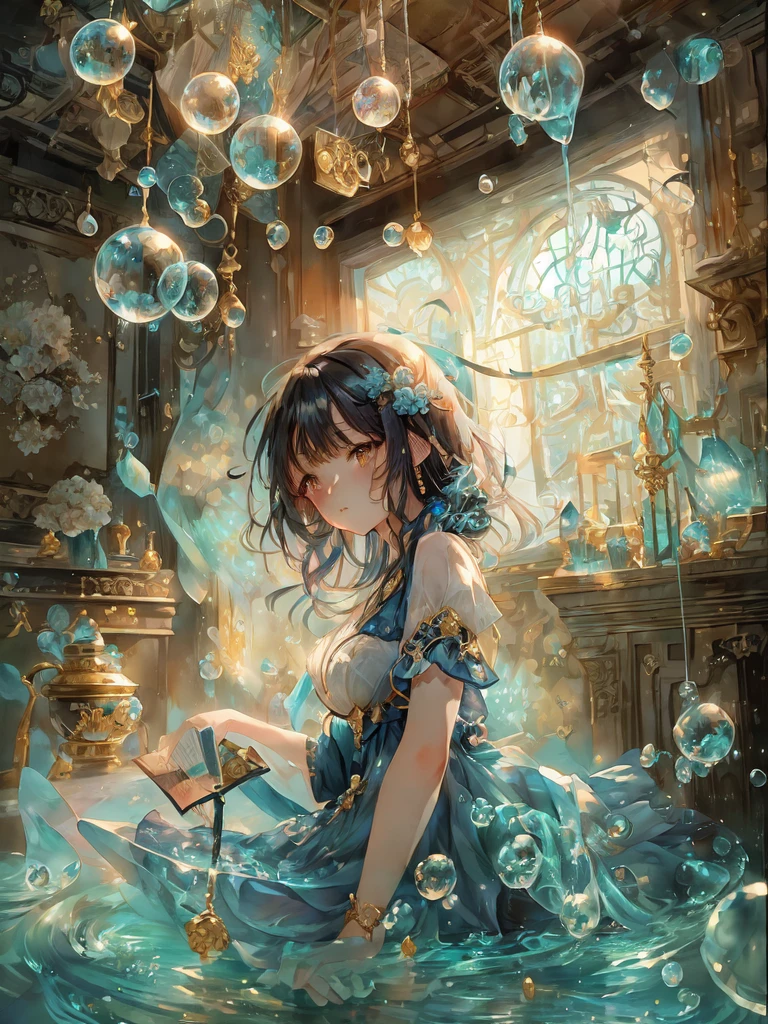 An anime girl in a blue dress、Sitting in a room with bubbles floating around, Anime fantasy illustration, Fantasy art style, artstation pixivでトレンド, Gweiz-style artwork, Beautiful artwork illustration, Anime fantasy artwork, A close-up fantasy using the magic of water, Artgerm Julie Bell Beeple, guweiz on pixiv artstation
