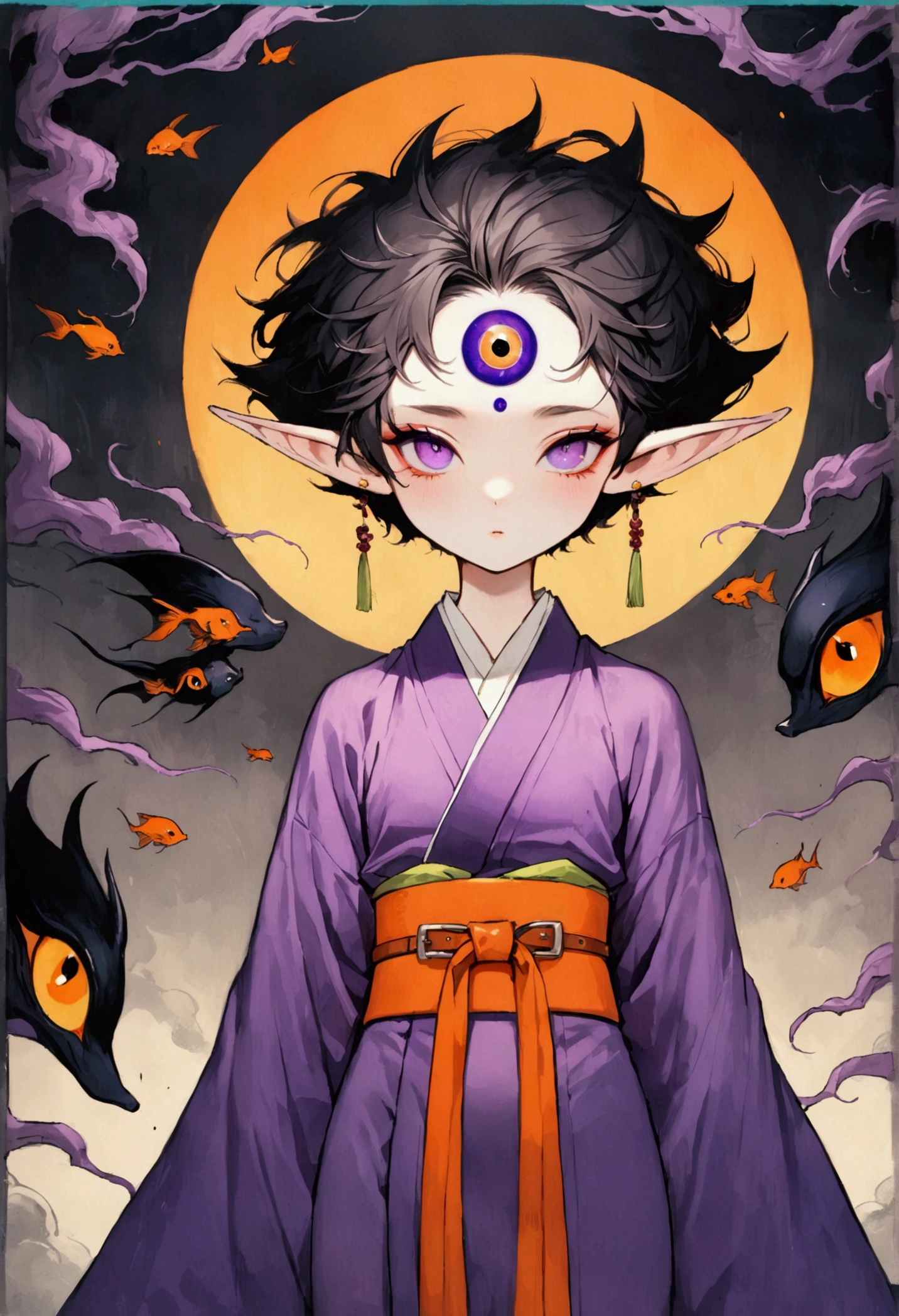 (masterpiece, best quality), Japanese cartoons, Japanese cartoons style, illustration,艺术illustration,Dark Style,(((1 boy,solo,The third eye on the forehead,Elf ears))),(((Gorgeous Japanese purple kimono:1.6,Eye))).(((Thin waist,Orange belt:1.37)))whole body,Death Stare Background。
