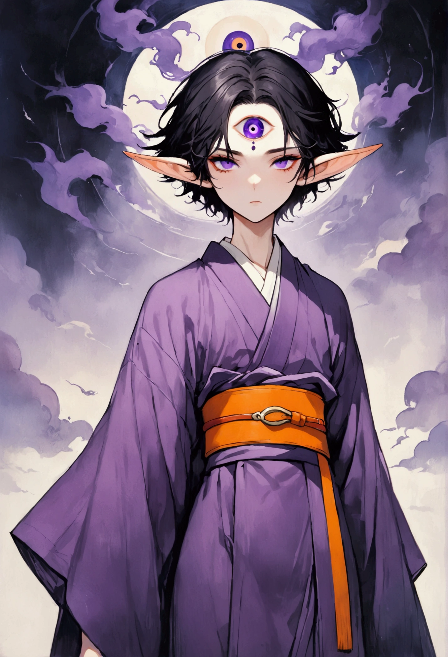 (masterpiece, best quality), Japanese cartoons, Japanese cartoons style, illustration,艺术illustration，Dark Style，(((1 boy，solo，The third eye on the forehead，Elf ears))),(((Gorgeous Japanese purple kimono：1.6，Eye))).(((Thin waist，Orange belt：1.37)))whole body，Death Stare Background。