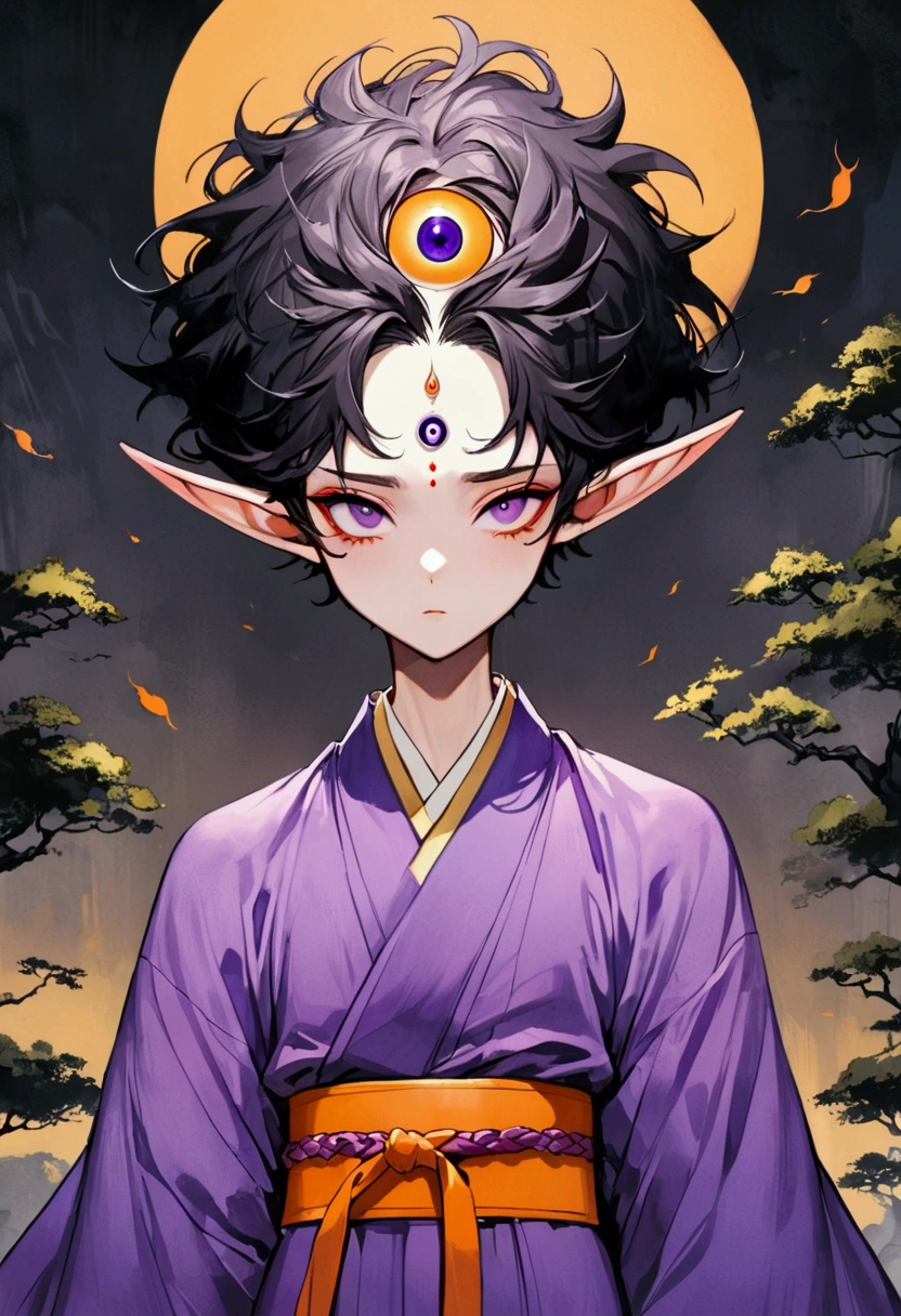 (masterpiece, best quality), Japanese cartoons, Japanese cartoons style, illustration,艺术illustration,Dark Style,(((1 boy,solo,The third eye on the forehead,Elf ears))),(((Gorgeous Japanese purple kimono:1.6,Eye))).(((Thin waist,Orange belt:1.37)))whole body,Death Stare Background。