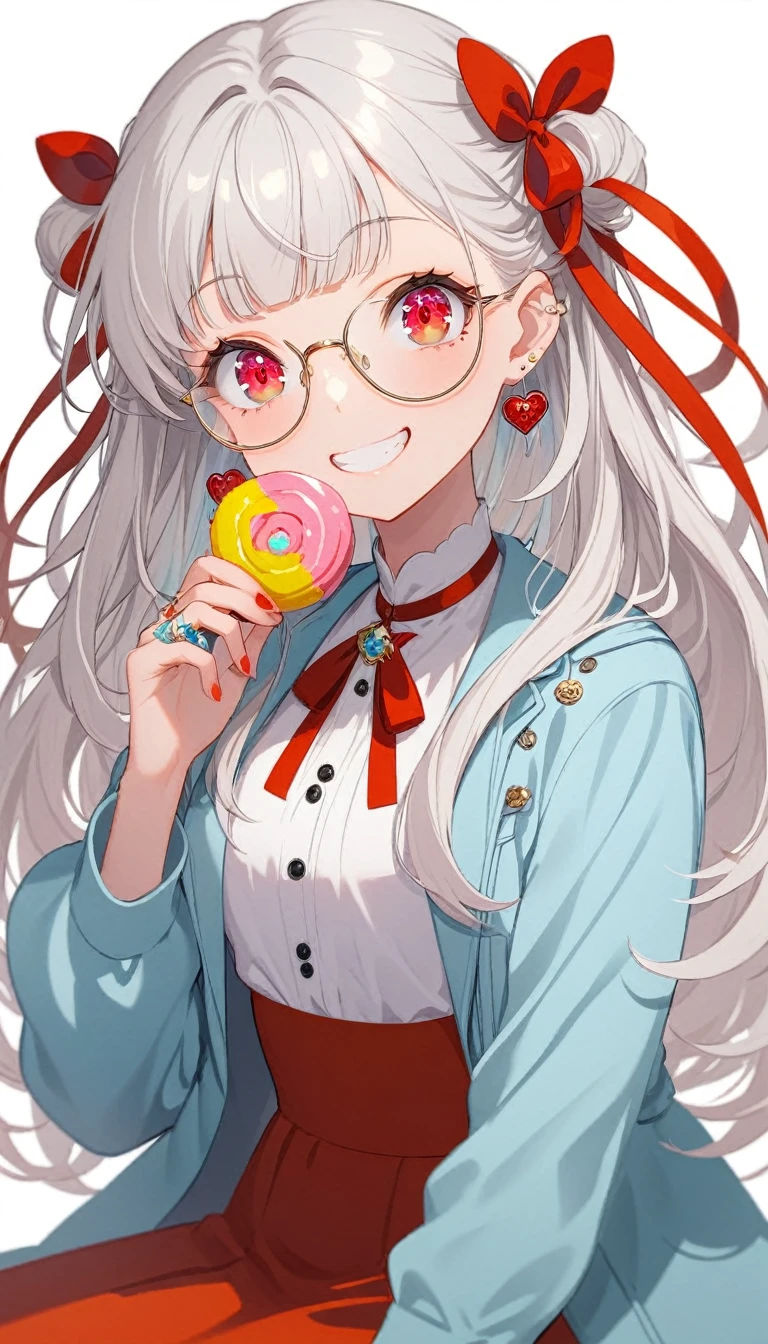 One girl, alone, Long Hair, View your viewers, smile, bangs, ((Blue Jacket)), Red pastel skirt、Red eyes,White hair in the eye、Beautiful eyes that shine、((White boater hat with red ribbon))、White Jewelry, Sitting, Jacket, Upper Body, Silver Hair、 earrings, Glasses, teeth, Grin, open Jacket, Earrings, ring, ear Earrings,Colored Glasses, White Background、White background,Umaibo、Candy、Eat sweets