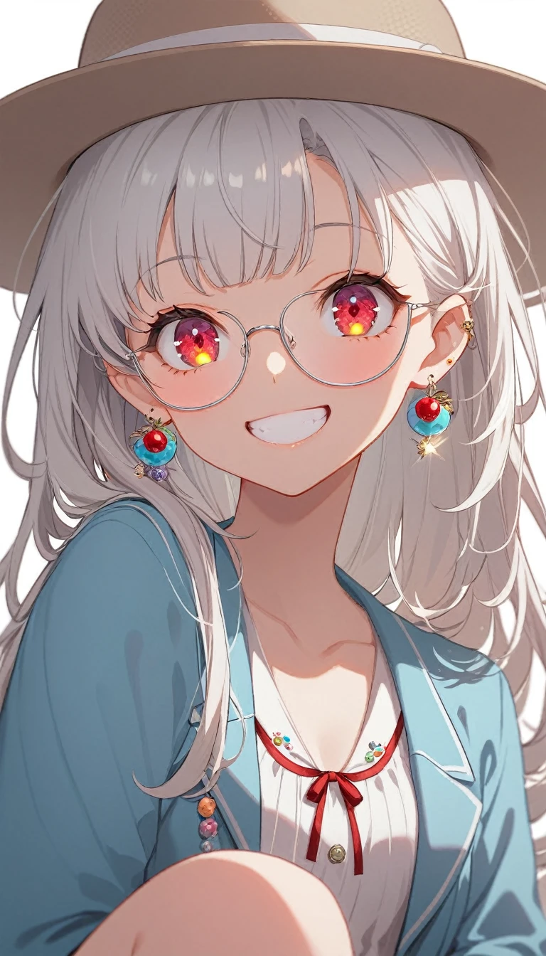 One girl, alone, Long Hair, View your viewers, smile, bangs, ((Blue Jacket)), Red pastel skirt、Red eyes,White hair in the eye、Beautiful eyes that shine、((White boater hat with red ribbon))、White Jewelry, Sitting, Jacket, Upper Body, Silver Hair、 earrings, Glasses, teeth, Grin, open Jacket, Earrings, ring, ear Earrings,Colored Glasses, White Background、White background,Umaibo、Candy、Eat sweets