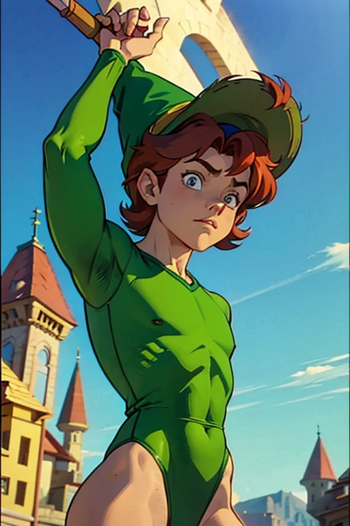 a redhead cartoon character dressed in a green leotard, very muscular, a  male wizard, 1980s cartoon, animated episode still, Presto (((mad))), ((Wears a wizard hat on his head))