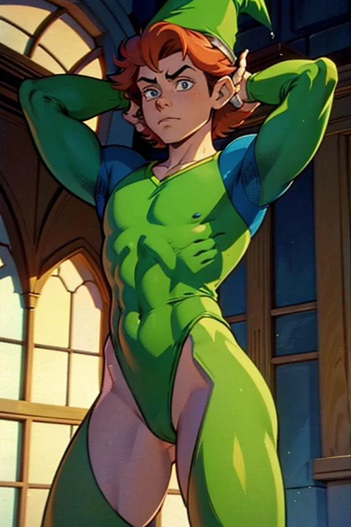 a redhead cartoon character dressed in a green leotard, very muscular, a 14 year old male wizard, 1980s cartoon, animated episode still, Presto (((mad))), ((Wears a wizard hat on his head))