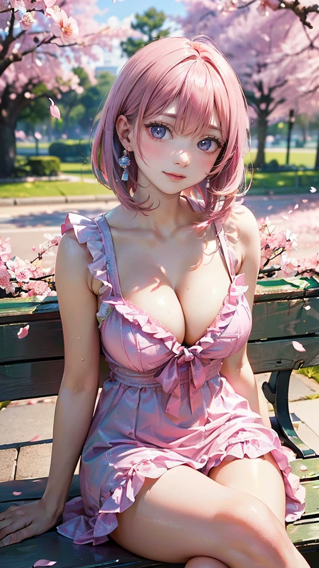 ((Highest quality, 8k, masterpiece :1.3)), (Sharp focus :1.2, Beautiful woman with perfect figure :1.4, Slim Abs), ((Big Breasts, Emphasize cleavage:1.2)), (Photorealistic:1.4), (realistic:1.4), (Pink Hair:1.5), Highly detailed face and skin texture, Fine grain, double eyelid. Makeup face, A little bit of lipstick, sex appeal, Sexy gravure pose, ((She was wearing a green and pink frilly dress、A high school girl with a bob cut、Smiling sexily while crossing her legs on a park bench。In the background, cherry blossoms in full bloom are swaying in the wind.。She is holding a small white handbag in her hand.。:1.3)